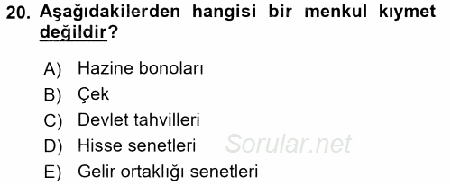 Banka Ve Sigorta Muhasebesi 2015 - 2016 Tek Ders Sınavı 20.Soru
