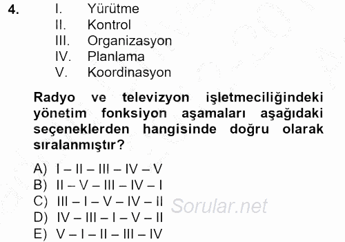 Radyo ve Televizyon İşletmeciliği 2012 - 2013 Ara Sınavı 4.Soru