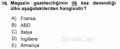 Medya Siyaset Kültür 2015 - 2016 Dönem Sonu Sınavı 16.Soru