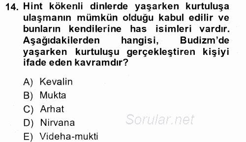 Yaşayan Dünya Dinleri 2014 - 2015 Ara Sınavı 14.Soru