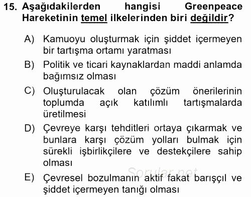 Çevre Sosyolojisi 2016 - 2017 Dönem Sonu Sınavı 15.Soru