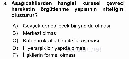 Çevre Sosyolojisi 2016 - 2017 Dönem Sonu Sınavı 8.Soru