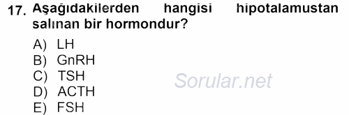 Temel Veteriner Fizyoloji 2013 - 2014 Tek Ders Sınavı 17.Soru
