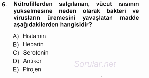 Temel Veteriner Fizyoloji 2013 - 2014 Tek Ders Sınavı 6.Soru