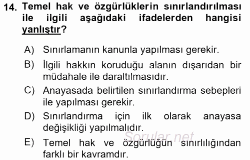 Temel İnsan Hakları Bilgisi 2 2015 - 2016 Dönem Sonu Sınavı 14.Soru