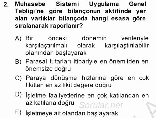 Finansal Tablolar Analizi 2013 - 2014 Ara Sınavı 2.Soru