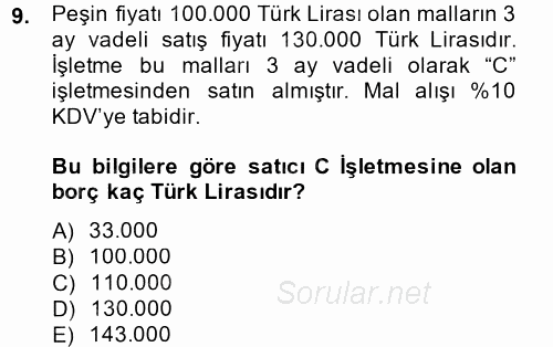 Genel Muhasebe 2 2014 - 2015 Tek Ders Sınavı 9.Soru