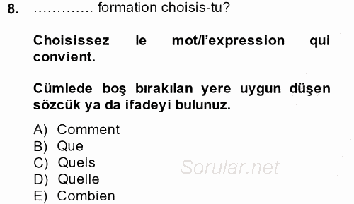 Fransızca 1 2013 - 2014 Ara Sınavı 8.Soru