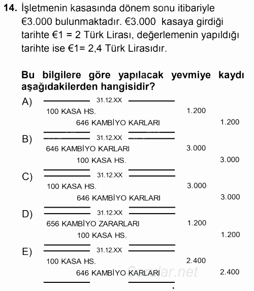 Envanter ve Bilanço 2014 - 2015 Ara Sınavı 14.Soru