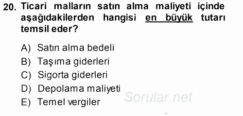 Envanter ve Bilanço 2014 - 2015 Ara Sınavı 20.Soru