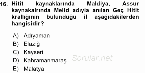 Eski Anadolu Tarihi 2015 - 2016 Ara Sınavı 16.Soru