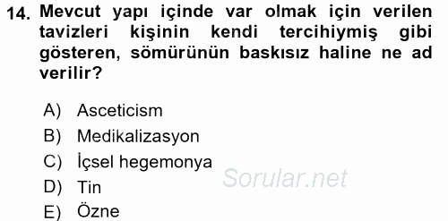 Toplumsal Cinsiyet Çalışmaları 2015 - 2016 Dönem Sonu Sınavı 14.Soru