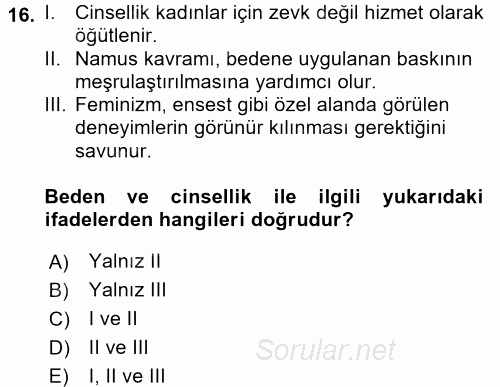 Toplumsal Cinsiyet Çalışmaları 2015 - 2016 Dönem Sonu Sınavı 16.Soru