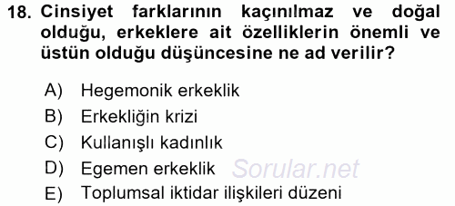 Toplumsal Cinsiyet Çalışmaları 2015 - 2016 Dönem Sonu Sınavı 18.Soru