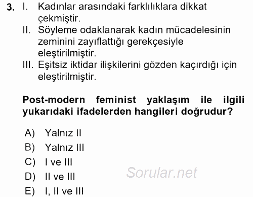 Toplumsal Cinsiyet Çalışmaları 2015 - 2016 Dönem Sonu Sınavı 3.Soru
