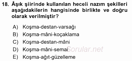 Türk Halk Şiiri 2017 - 2018 Ara Sınavı 18.Soru