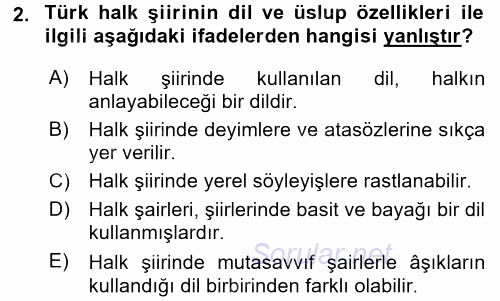 Türk Halk Şiiri 2017 - 2018 Ara Sınavı 2.Soru