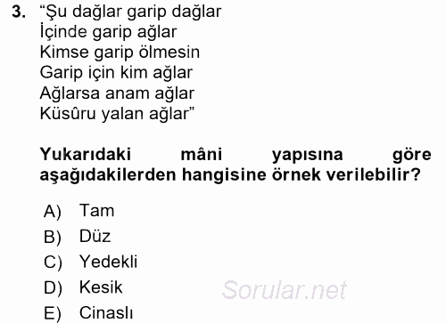 Türk Halk Şiiri 2017 - 2018 Ara Sınavı 3.Soru