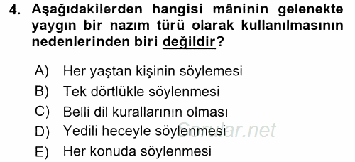 Türk Halk Şiiri 2017 - 2018 Ara Sınavı 4.Soru