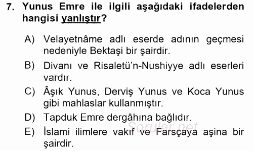 Türk Halk Şiiri 2017 - 2018 Ara Sınavı 7.Soru