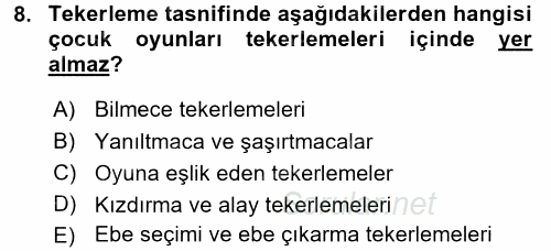 Türk Halk Şiiri 2017 - 2018 Ara Sınavı 8.Soru