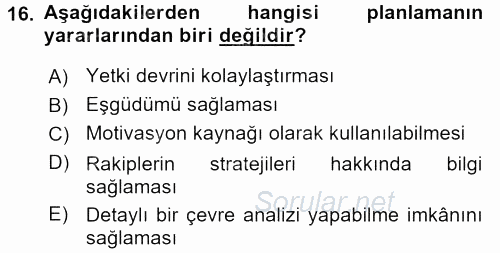Kalite Yönetim Sistemleri 2017 - 2018 Dönem Sonu Sınavı 16.Soru