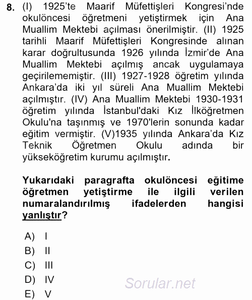 Türk Eğitim Tarihi 2015 - 2016 Ara Sınavı 8.Soru