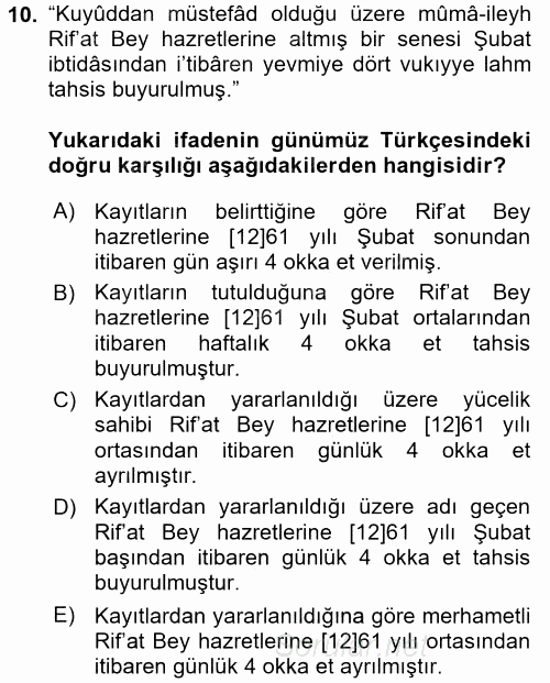 Osmanlı Türkçesi Metinleri 2 2016 - 2017 Dönem Sonu Sınavı 10.Soru