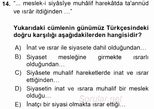 Osmanlı Türkçesi Metinleri 2 2016 - 2017 Dönem Sonu Sınavı 14.Soru