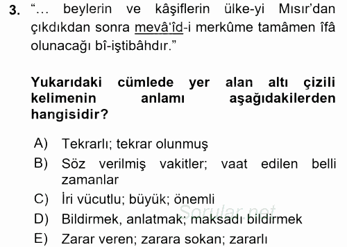 Osmanlı Türkçesi Metinleri 2 2016 - 2017 Dönem Sonu Sınavı 3.Soru