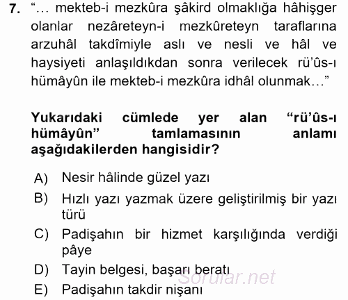 Osmanlı Türkçesi Metinleri 2 2016 - 2017 Dönem Sonu Sınavı 7.Soru