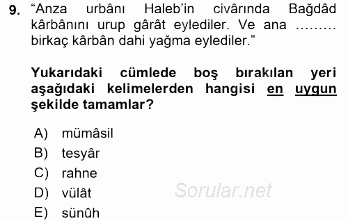 Osmanlı Türkçesi Metinleri 2 2016 - 2017 Dönem Sonu Sınavı 9.Soru