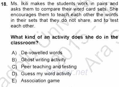 Okuma Ve Dinleme Öğretimi 2015 - 2016 Ara Sınavı 18.Soru