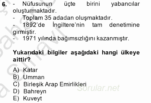 Orta Doğuda Siyaset 2013 - 2014 Ara Sınavı 6.Soru