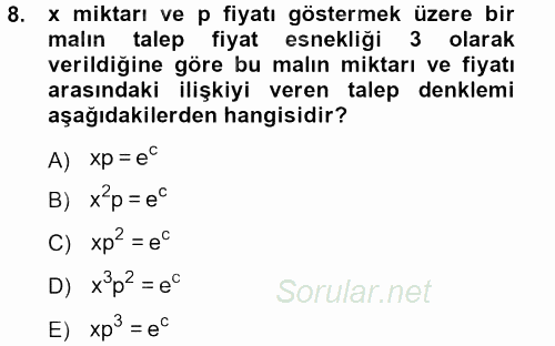 Matematik 2 2014 - 2015 Tek Ders Sınavı 8.Soru