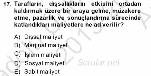 Doğal Kaynaklar ve Çevre Ekonomisi 2013 - 2014 Ara Sınavı 17.Soru