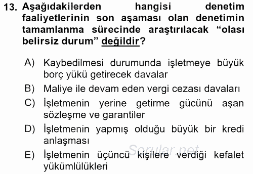 Muhasebe Denetimi 2016 - 2017 Dönem Sonu Sınavı 13.Soru