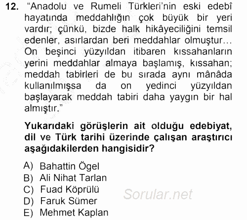 Halk Hikayeleri 2012 - 2013 Ara Sınavı 12.Soru