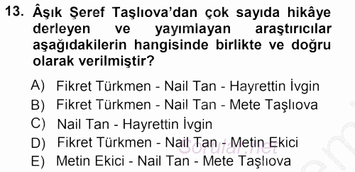 Halk Hikayeleri 2012 - 2013 Ara Sınavı 13.Soru