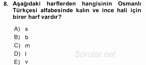 Osmanlı Türkçesi 1 2017 - 2018 Ara Sınavı 8.Soru