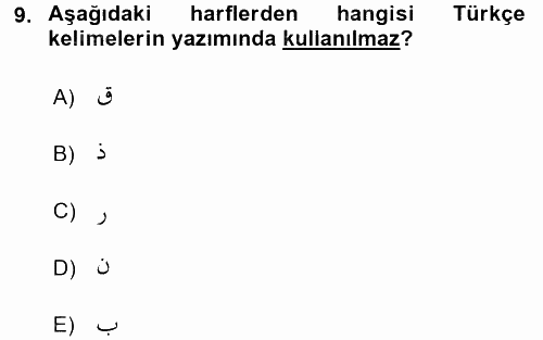 Osmanlı Türkçesi 1 2017 - 2018 Ara Sınavı 9.Soru