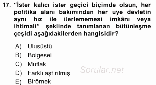 Avrupa Birliği 2017 - 2018 Ara Sınavı 17.Soru