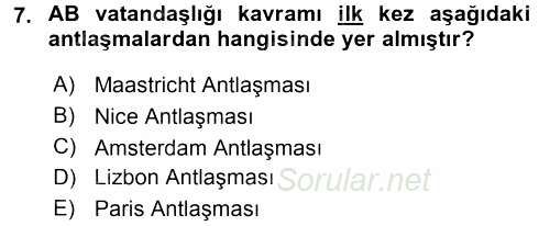 Avrupa Birliği 2017 - 2018 Ara Sınavı 7.Soru