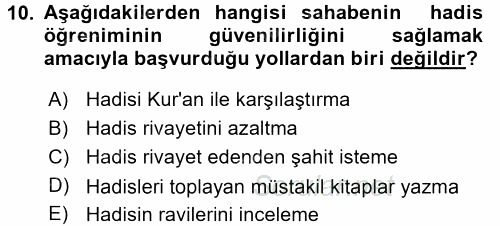 Hadis Tarihi ve Usulü 2016 - 2017 Ara Sınavı 10.Soru