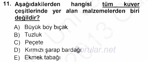 Yiyecek-İçecek Hizmetleri 2012 - 2013 Ara Sınavı 11.Soru
