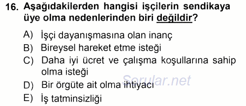 Endüstri İlişkileri 2012 - 2013 Ara Sınavı 16.Soru