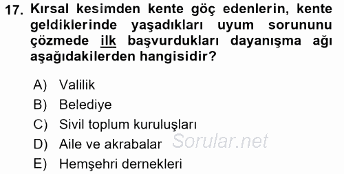Toplumsal Yaşamda Aile 2016 - 2017 Dönem Sonu Sınavı 17.Soru