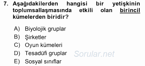 Toplumsal Yaşamda Aile 2016 - 2017 Dönem Sonu Sınavı 7.Soru