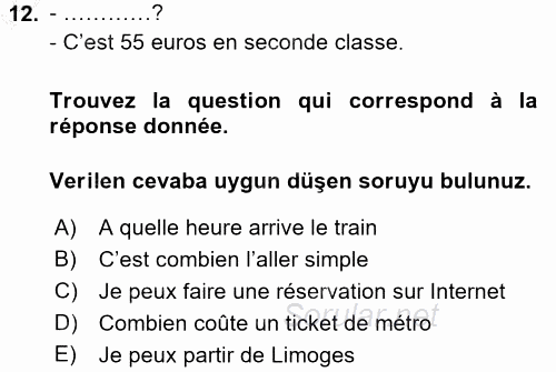 Fransızca 1 2016 - 2017 3 Ders Sınavı 12.Soru