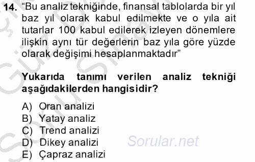 Muhasebe Denetimi ve Mali Analiz 2014 - 2015 Dönem Sonu Sınavı 14.Soru